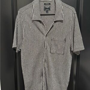 Todd Snyder Black and White Short-Sleeve Striped Button-Down Shirt